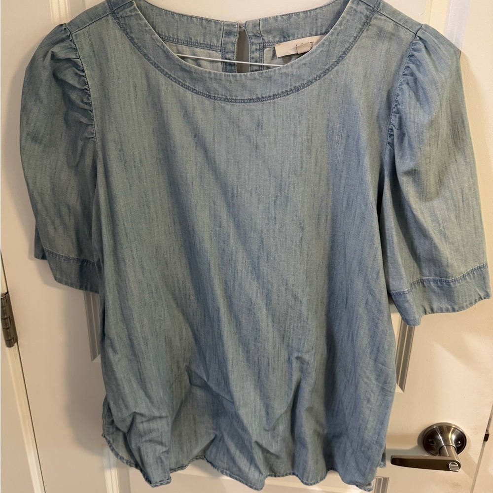 LOFT Blue Blouse with Bib Collar and Short Sleeves